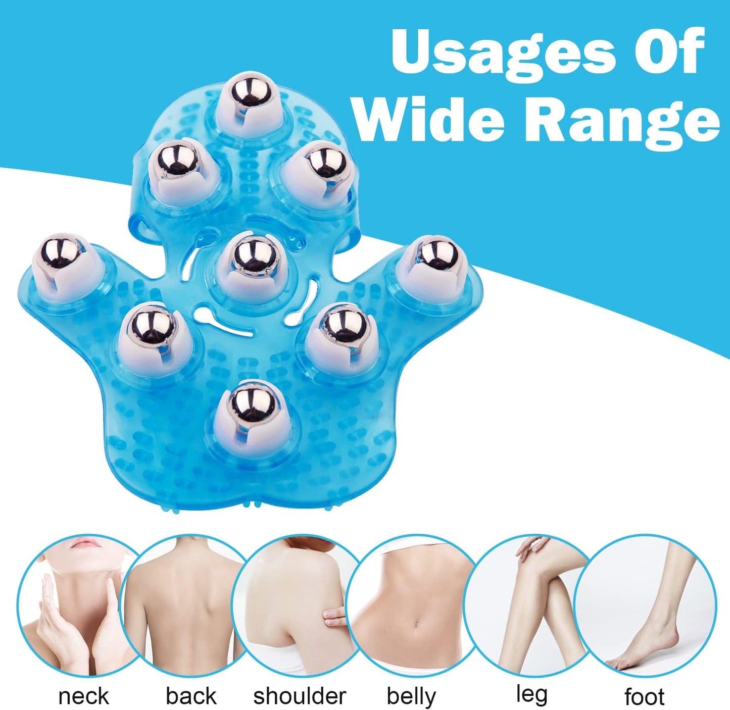 Boseen Hand Held Massager for Muscle Back Neck Joint Foot Shoulder Leg Pain Relief - Palm Shaped Massage Glove Full Body Massage Tool with Roller Ball Massager Essential Oils with Portable Design Blue