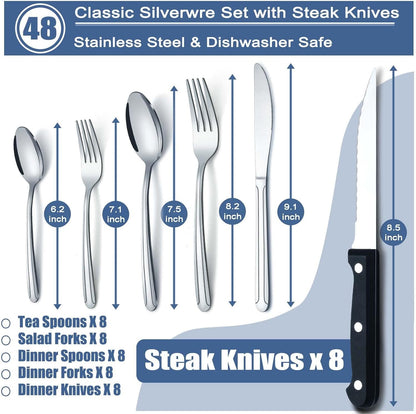 BEWOS 48 Pieces Cutlery Set for 8, Silverware Sets with Steak Knives, Stainless Steel Cutlery, Mirror Polished Flatware Set, Knife, Spoon and Fork Set, Silverware, Dishwasher Safe Utensil Set