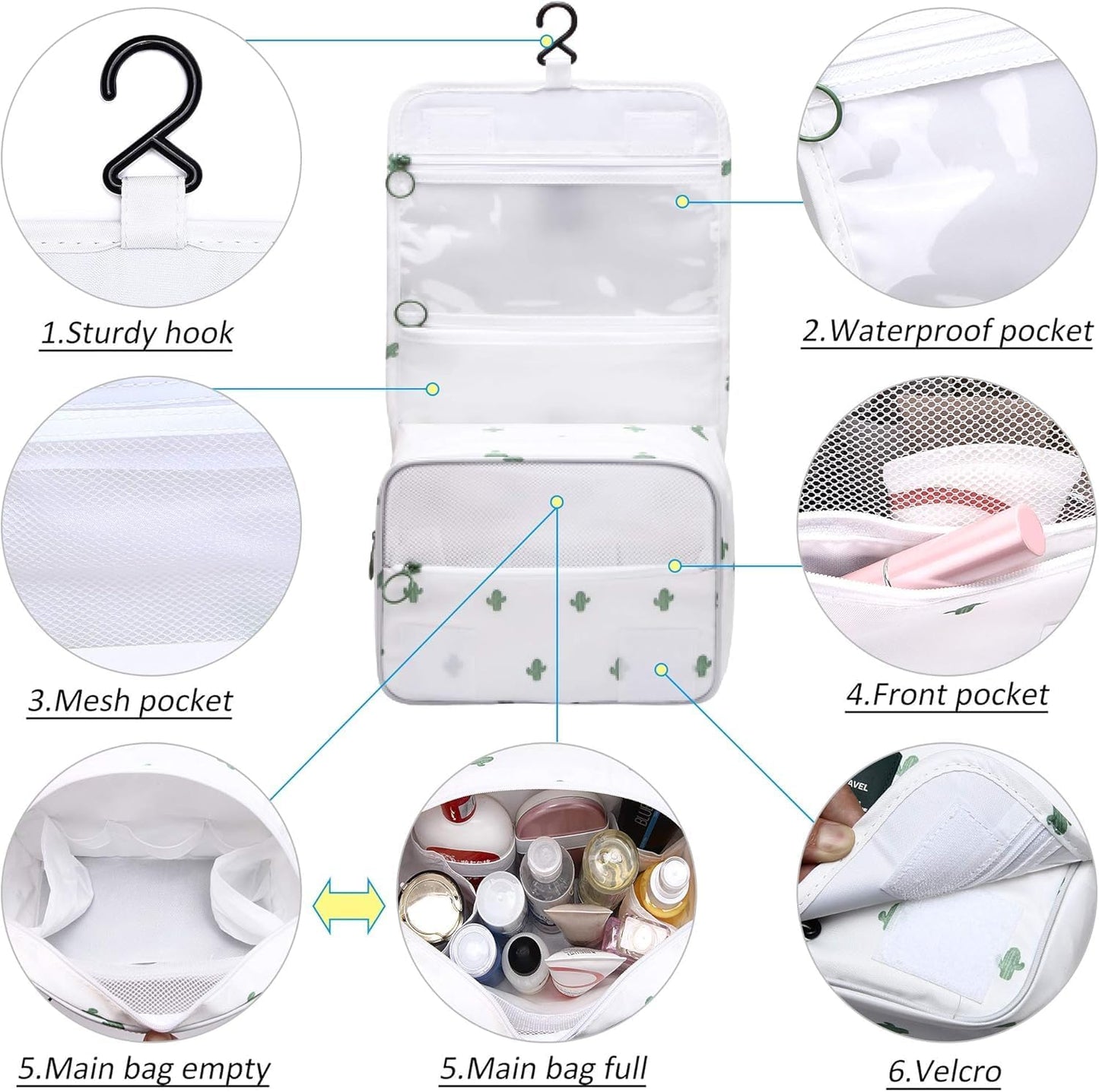 Hanging Toiletry Bag for Travel Cosmetic Makeup Organzier Waterproof Bathroom Shower Bag for Women and Men Cactus (Cactus, 23 * 18.5 * 8.5CM)
