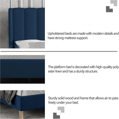 Zoophyter Upholstered Platform Bed Frame Queen Size with Headboard Mattress Foundation Strong Wooden Slats Support Easy Assembly No Box Spring Needed Blue Velvet