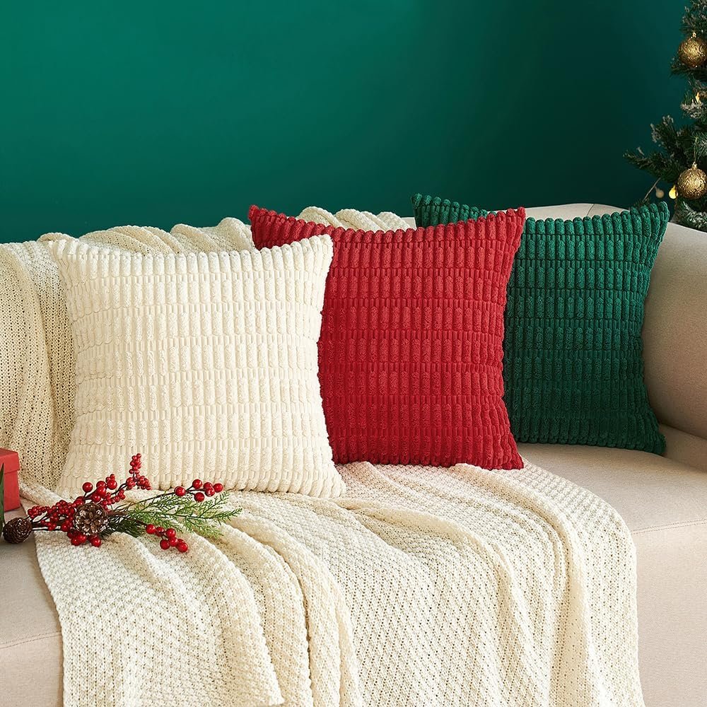 MIULEE Pack of 2 Corduroy Throw Pillow Covers Soft Decorative Boho Striped Cushion Covers Farmhouse Home Decor Pillowcase for Spring Sofa Living Room Couch Bed 18x18 Inch Cream White