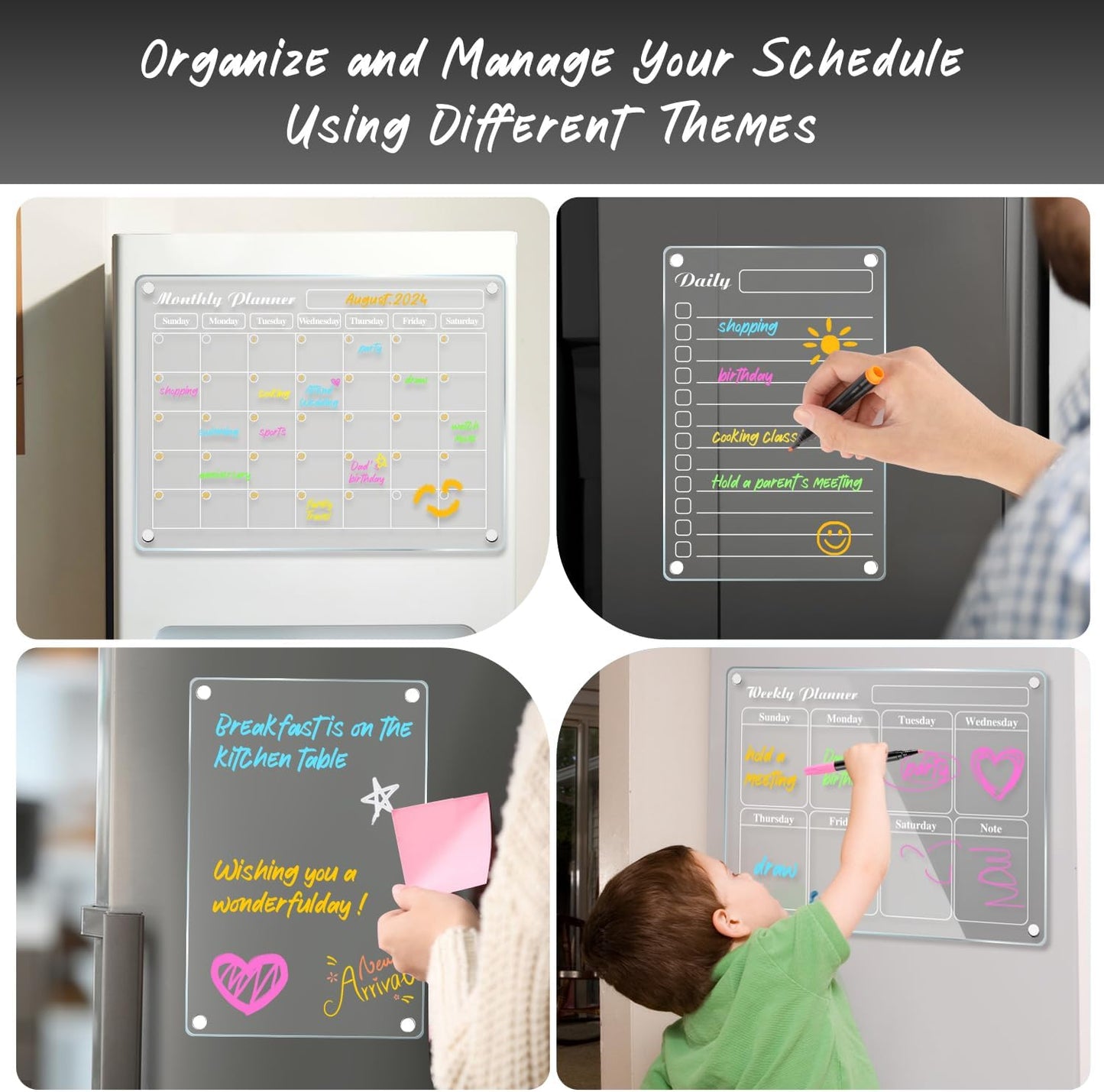 Planning Pads 4Pcs Fridge Calendars 2025 Acrylic Magnetic Calendar for Refrigerator Fridge White Board Calendar Chalk Dry Erase Magnets Chalkboard Monthly Weekly Planner with 6 Highlight Markers