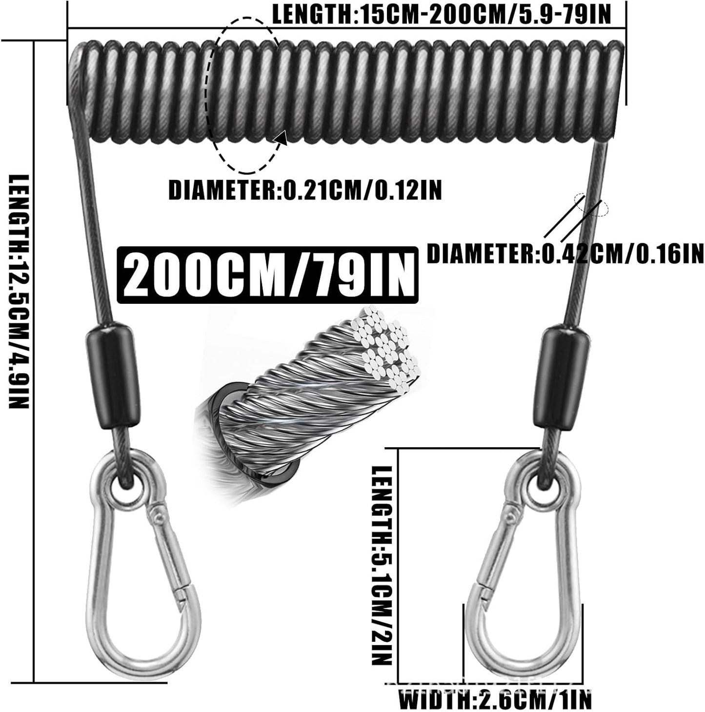 Fishing Coiled Lanyard, Stainless Steel Telescopic Hook Cord, Anti-Loss Safety Lanyard For Tools, Mountaineering, Boating, Hiking, Camping, Hunting, Outdoor Gear Attachment