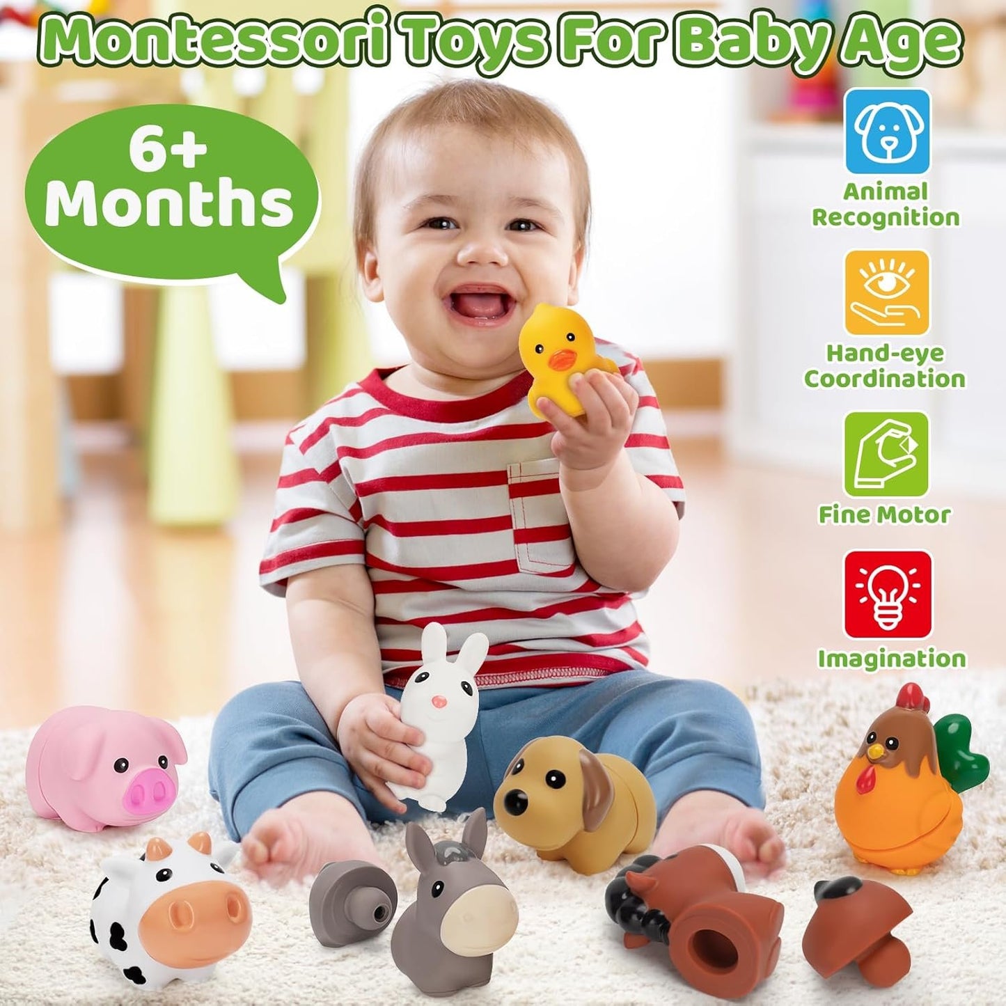 Farm Animal Learning Toys for Toddlers Age 1, 2, 3 Year Old, 10 Pack Montessori Matching Fine Motor Toys, Birthday for Baby Boys & Girls 12-18 Months+