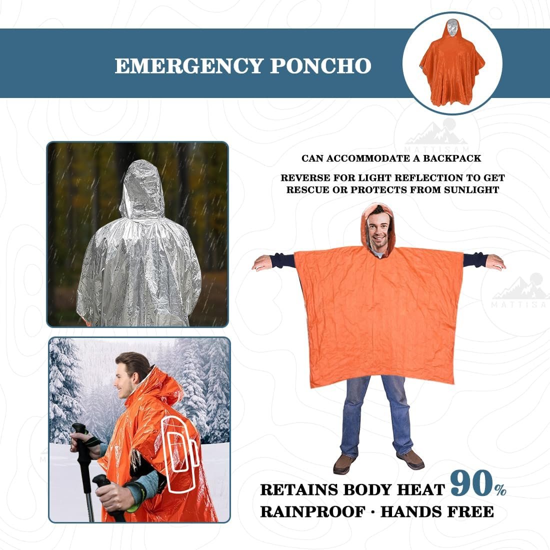 MATTISAM Emergency Sleeping Bag with Hood & Emergency Rain Poncho [2PCS], Ultralight Waterproof Thermal Mylar Foil Space Blanket Survival for Hiking Backpacking Camping