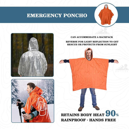 MATTISAM Emergency Sleeping Bag with Hood & Emergency Rain Poncho [2PCS], Ultralight Waterproof Thermal Mylar Foil Space Blanket Survival for Hiking Backpacking Camping
