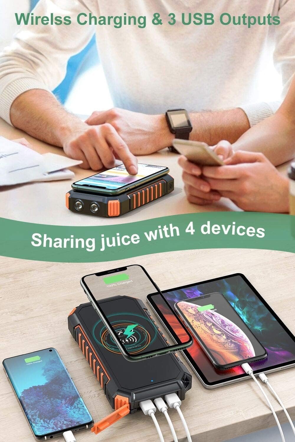 A ADDTOP Solar Charger Power Bank 26800mAh, Wireless Portable Charger Fast Charging QC 3.0 External Battery with 4 Outputs & Flashlight Phone Chargers for Phone, Tablet and Camping Outdoor
