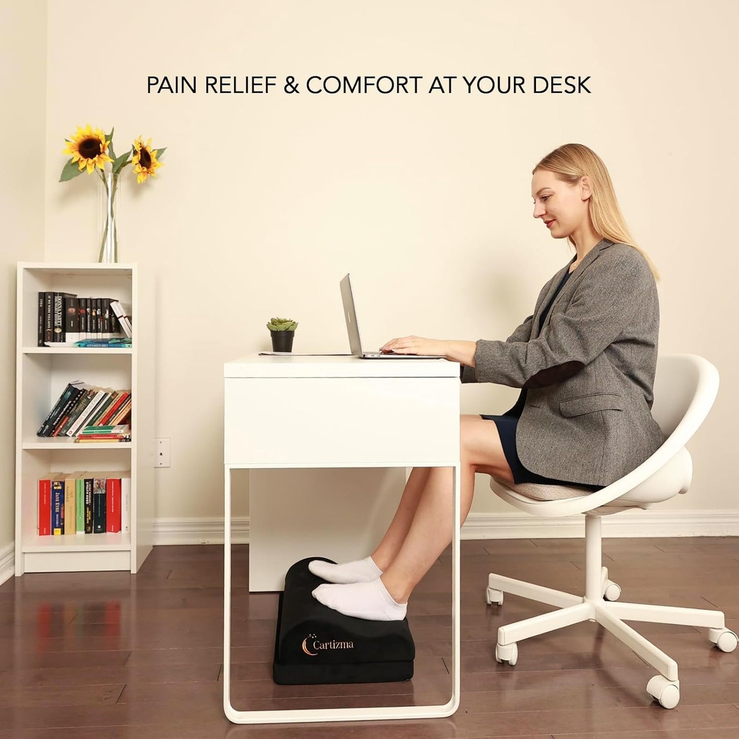 Cartizma Ergonomic Foot Rest for Under Desk at Work - Wavy Shaped for Heel Support, Memory Foam, Anti-Slip, Washable Cover - Office & Gaming Footrest, Back & Leg Pain Relief, Desk Foot Stool (black)