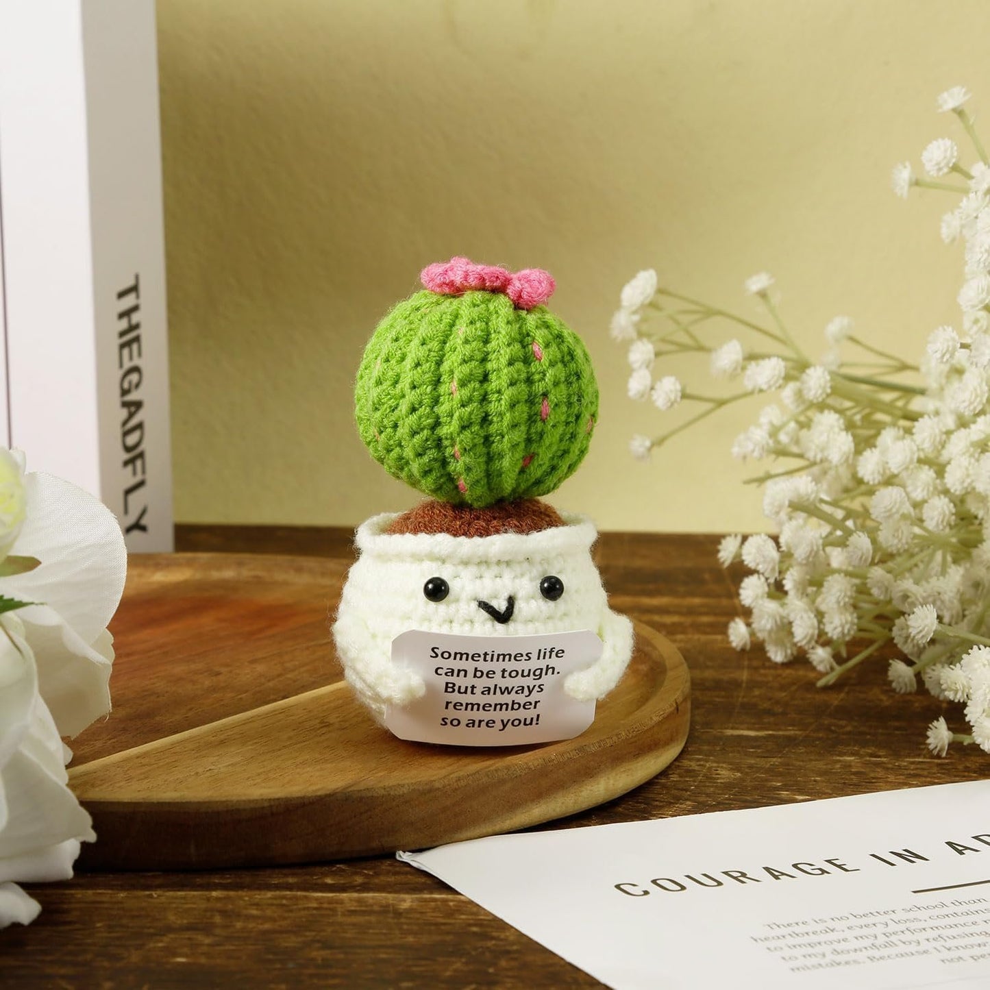 Crochet Positive Cactus, Handmade Knitted Cactus Emotional Positive Ornaments with Encouraging Card for Coworker Kids Friends Sister Room Office Desktop Decor Birthday Christmas Thanksgiving Gift