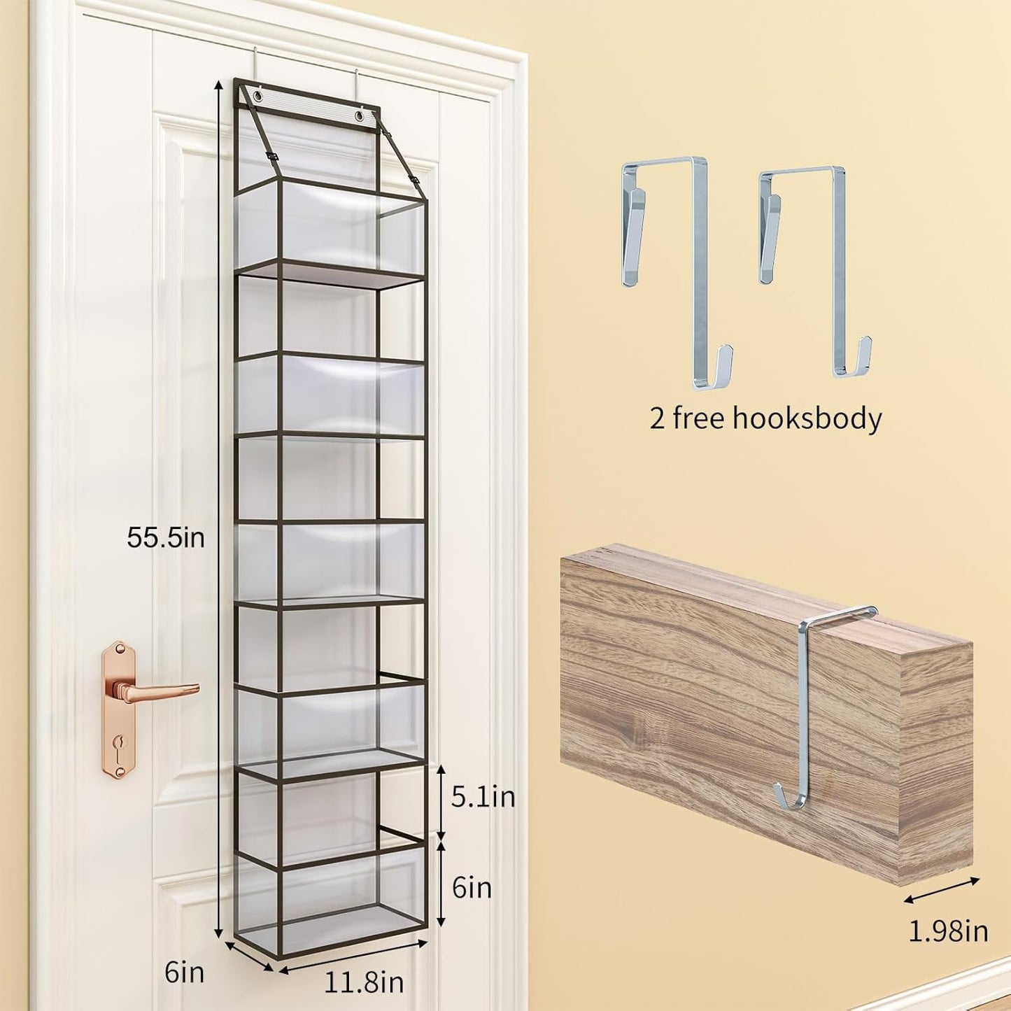 Fixwal Over The Door Hanging Pantry Organizer 5-Shelf Room Organizer with Clear Plastic Pockets Behind The Door Storage Organizer Large Capacity Organizer for Closet Bedroom Bathroom (Grey)