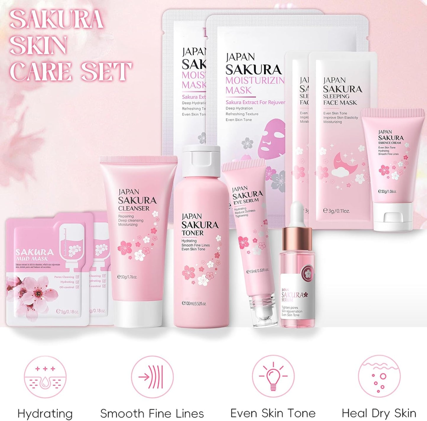 Sakura Skin Care Kit 11 Pieces, Includes Cleanser, Tonic, Face Cream, Serum and Eye Cream, Complete Face Skincare Set for Girls and Women