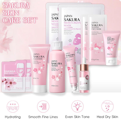 Sakura Skin Care Kit 11 Pieces, Includes Cleanser, Tonic, Face Cream, Serum and Eye Cream, Complete Face Skincare Set for Girls and Women