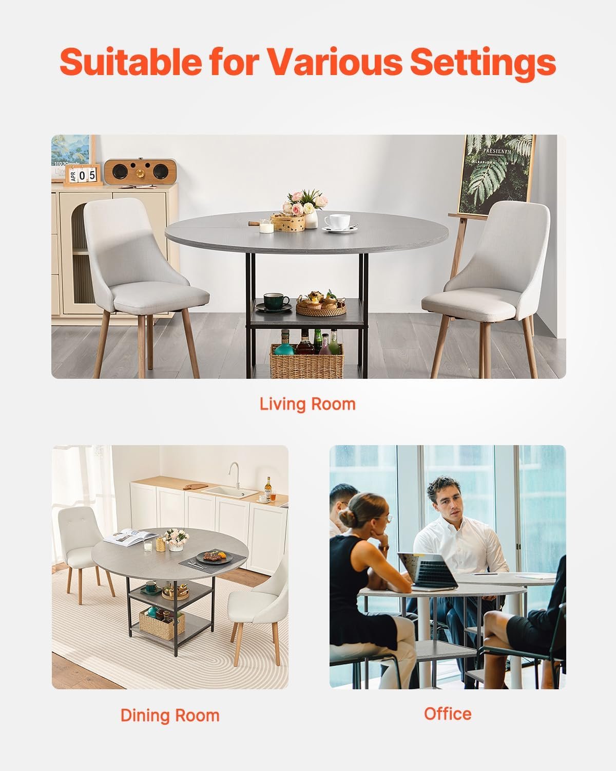 VEVOR Round Dining Table, 47 inch Wood Table for 2-4 Person, Modern Circle Dinner Furniture, Leisure Tables with Storage Shelf and Metal Legs, for Home Kitchen Living Room, Grey (Only Table)