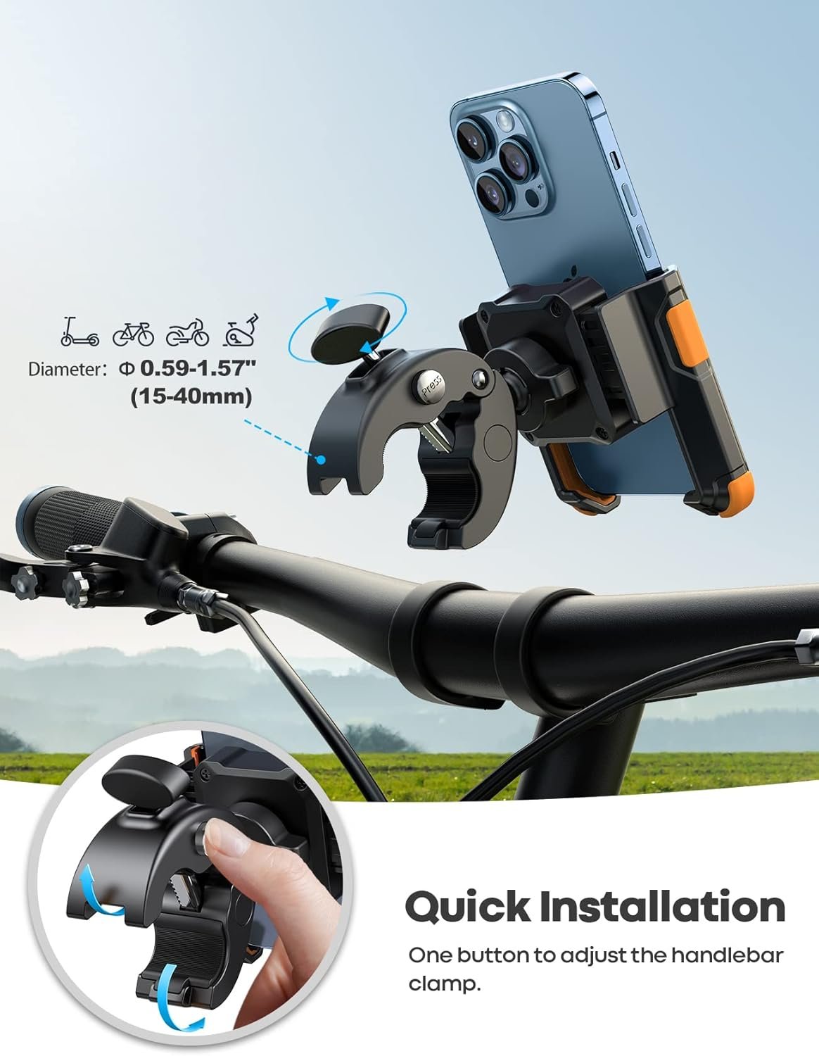 Lamicall Motorcycle Phone Mount Holder - [Camera Friendly] [1s Lock] 2023 Bike Phone Holder Handlebar Clamp, Bicycle Scooter Phone Clip, for iPhone 13 14 15 1a6 Pro Max Plus, 2.4~3.54" Wide Phone