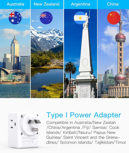 Australia New Zealand Power Plug Adapter, Canada to Australia Travel Adapter with 3 Outlets 3 USB Charging Ports (2 USB C), Type I International Power Plug Adapter