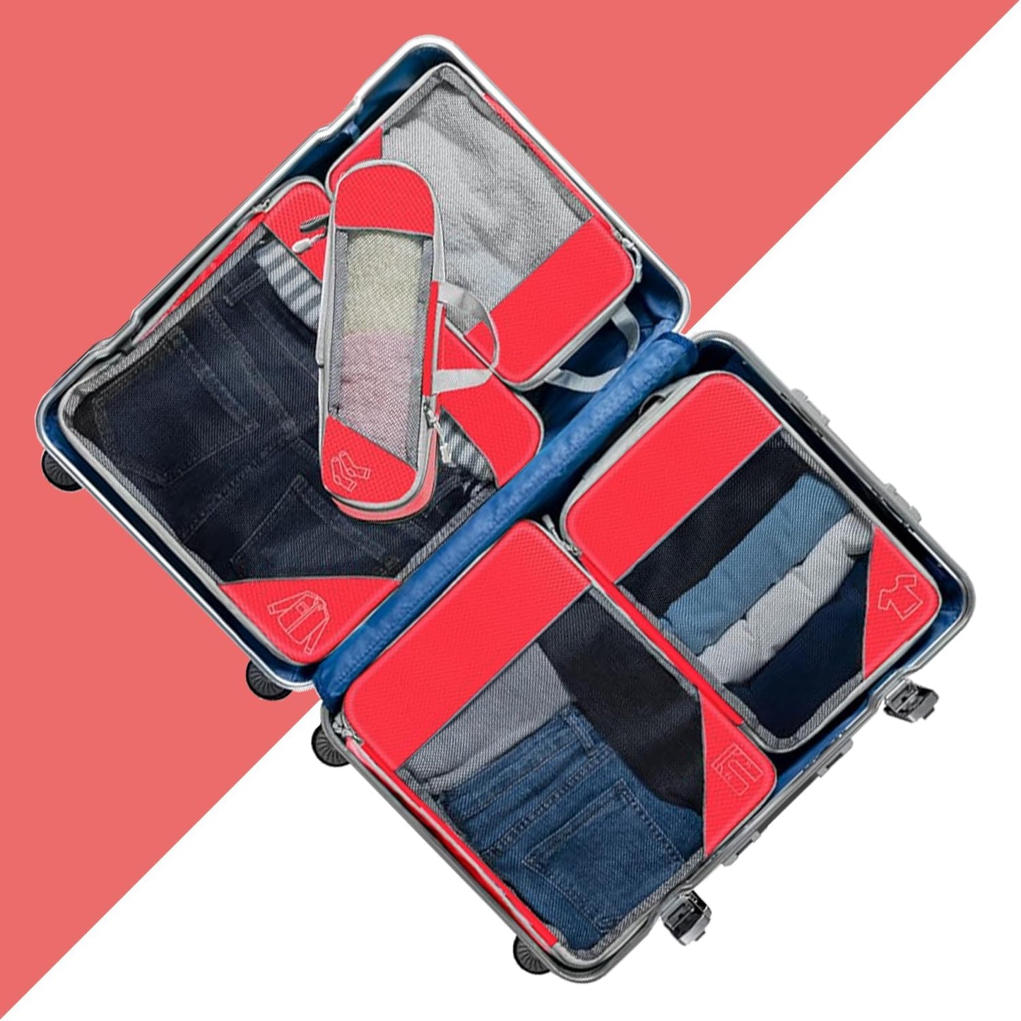 Rantuia Compression Packing Cubes, 6pcs Set, Water Proof Nylon Material, Breathable, 70% Compression, Compression Packing Cubes for Travel, Lightweight compression Packing Cubes Kit.(Red)