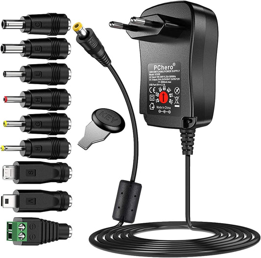 [Upgraded Version] PChero 30W AC/DC Universal Switching Electric Power Adapter with 9 DC Plugs, Including USB Socket for 3 V to 12 V Household Electronic Devices – 2000 mA Max.