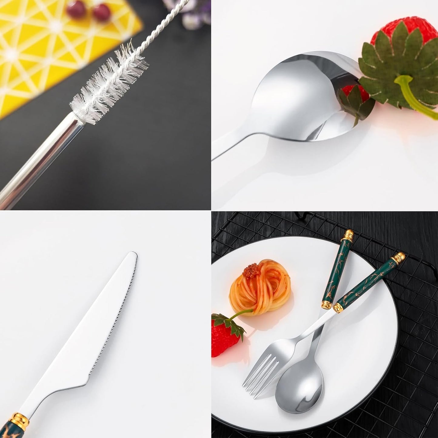 Facune 4 Colors Portable Stainless Steel Flatware Sets, Reusable Travel Cutlery with Case, Utensil Set Include Knife Fork Spoon Straw Brush for Lunch Box