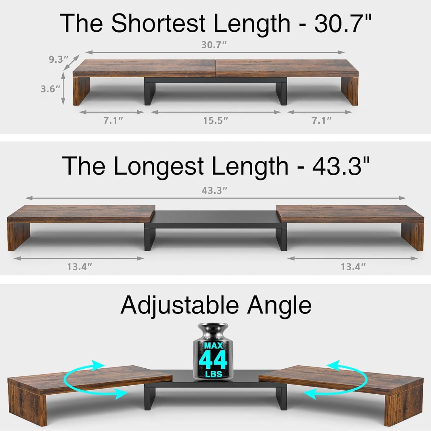 Rfiver Dual Monitor Stand, Desk Monitor Riser with 48.2" Adjustable Length and Angle, Computer Monitor Stand for Desk Riser Shelf, Office Supplies, Computer Accessories, Brown