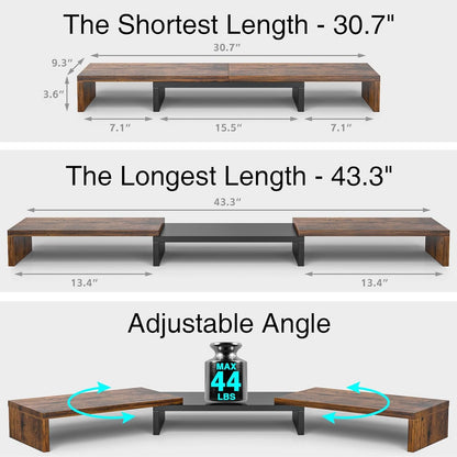 Rfiver Dual Monitor Stand, Desk Monitor Riser with 48.2" Adjustable Length and Angle, Computer Monitor Stand for Desk Riser Shelf, Office Supplies, Computer Accessories, Brown