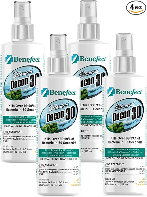 Benefect Botanical Decon 30 Disinfectant Cleaner, 4 oz. Spray Bottle, Light Lemon & Thyme Scent, Hospital Grade Disinfectant, Kills Over 99.99% of Germs, Safe for Food-Contact Surfaces (Pack of 4)