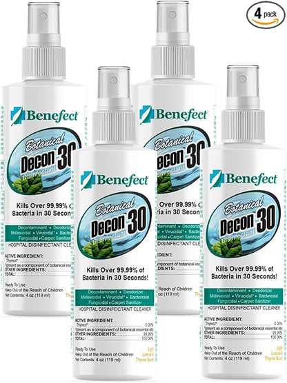 Benefect Botanical Decon 30 Disinfectant Cleaner, 4 oz. Spray Bottle, Light Lemon & Thyme Scent, Hospital Grade Disinfectant, Kills Over 99.99% of Germs, Safe for Food-Contact Surfaces (Pack of 4)