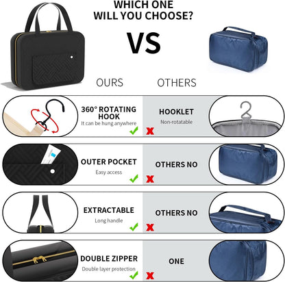 Hanging Travel Toiletry Bag with Hook, 4 Sections Toiletry Bag Travel Bag Water-Resistant Travel Cosmetic Bag Foldable Hygiene Bag for Toiletries, Cosmetics, Makeup, Brushes, Shower (Black)