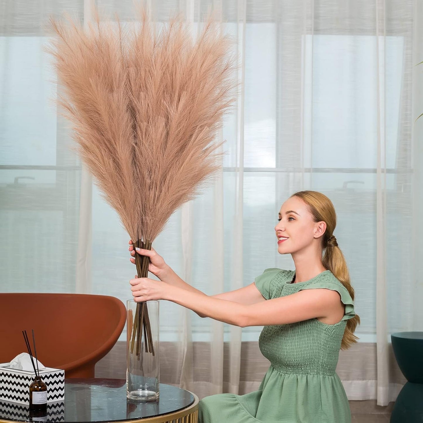 Pampas Grass Decor Tall, 43"/110cm Faux Pampas Grass 6 Stems Large Pompass Grass Branches Tall Bulk Boho Flower Arrangement for Home Room Wedding Party Decor (Taupe)