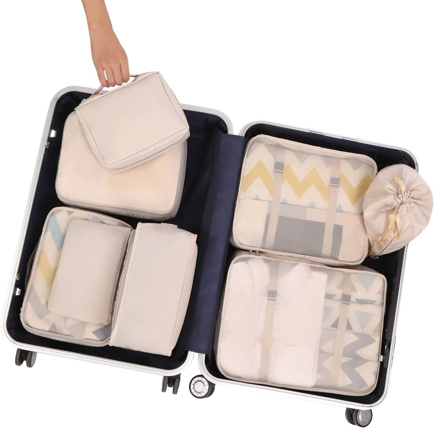 BAGAIL 8 Set Packing Cubes, Lightweight Travel Luggage Organizers with Shoe Bag, Toiletry Bag & Laundry Bag (Beige)