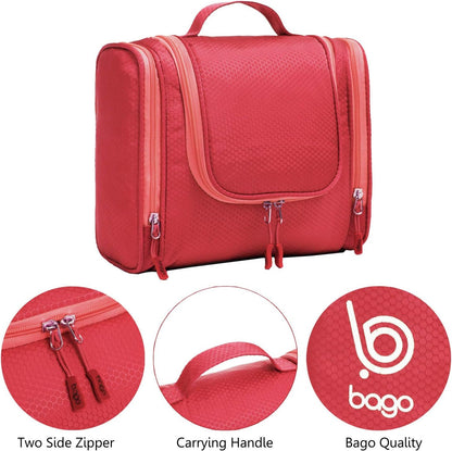 Bago Travel Toiletry Bag for Women and Men - Large Waterproof Hanging Large Toiletry Bag for Bathroom and Travel Bag for Toiletries Organizer -Travel Makeup Bag (Red)