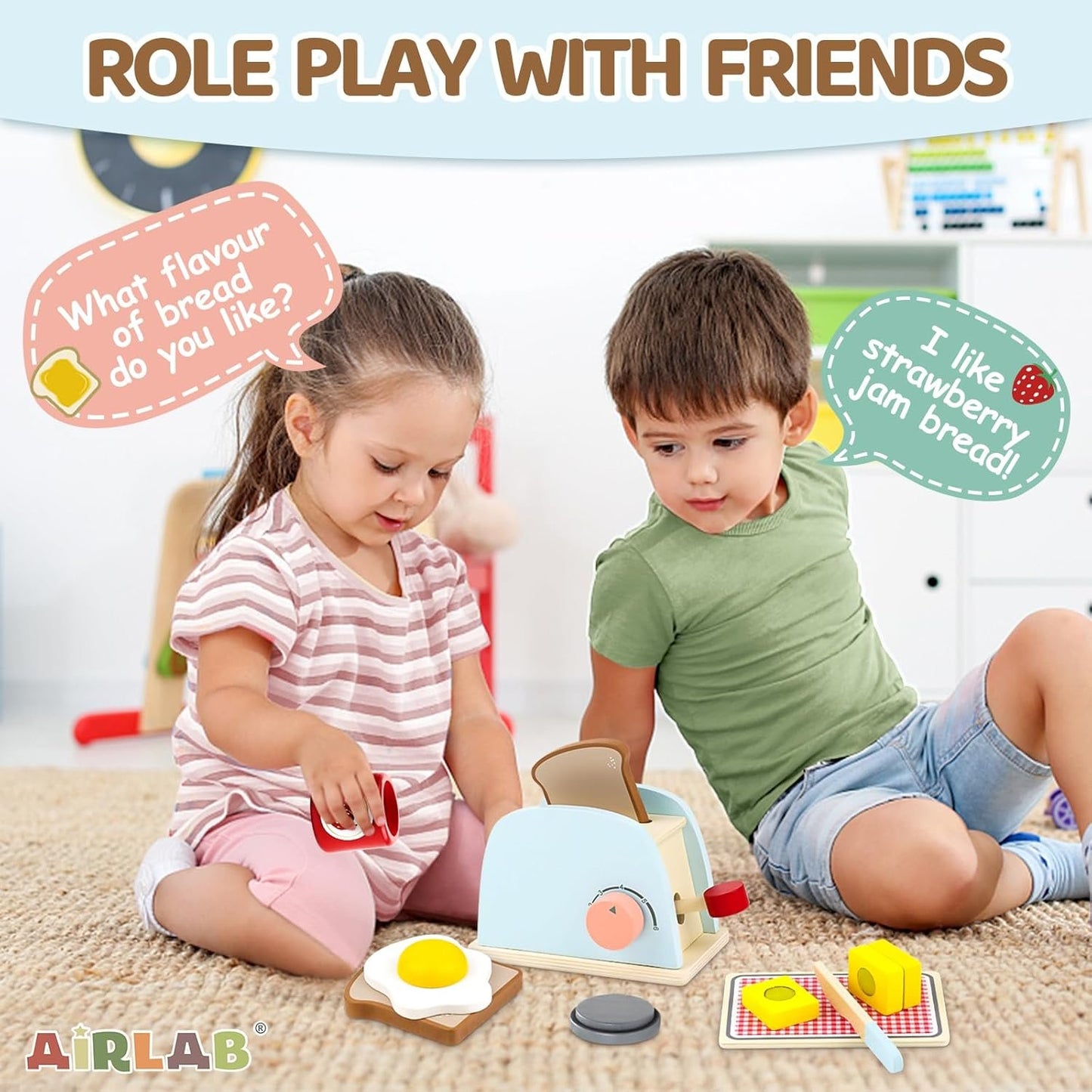 Airlab Wooden Pop-up Toaster Toy Set for Kids Play Kitchen Accessories Play Food Bread, Egg, Butter Pretend Cutting Toys Toddlers Gift for 3 4 5 Year Old Boys Girls