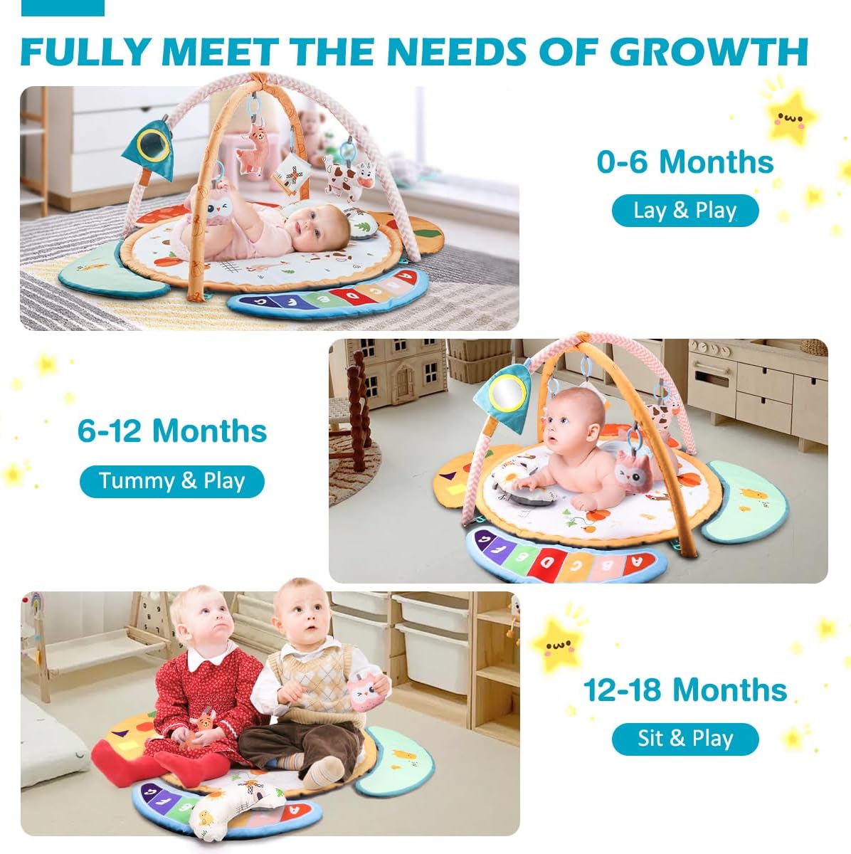 REMOKING Play Mat for Infant, Baby Play Gym for Tummy Time,Early Sensory Toys with Soft Rattles and Mirror, Newborn Toy for Baby Boy Girl 0-6-12-18 Months