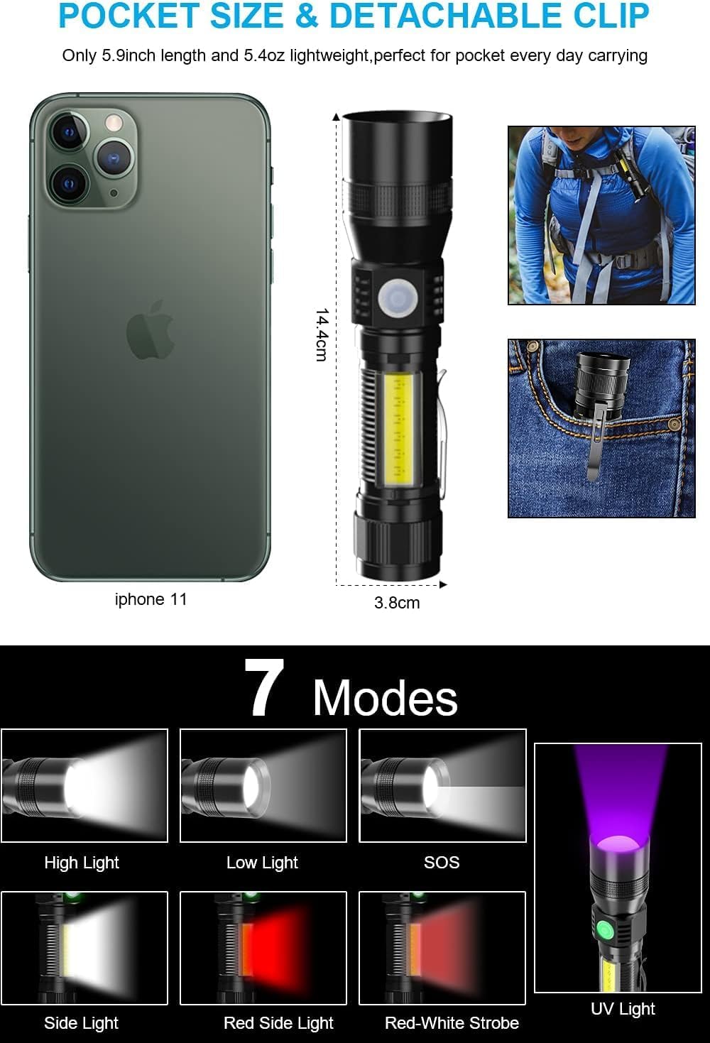 LudoPam UV Rechargeable Flashlights Tactical,1000 High Lumens 3 in 1 LED Black Light Flashlight -Magnetic Base/Sidelight/Zoomable, Bright Pocket Flash Light for Stains Detection Camping Emergency,1PCS