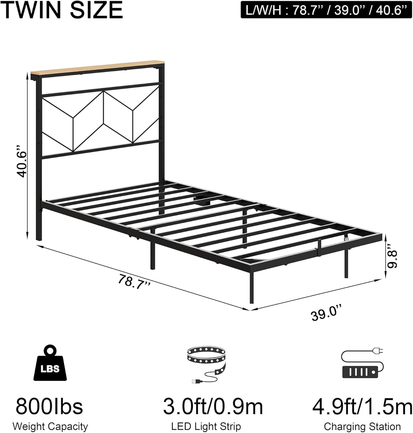 HAUSOURCE Twin Size Floating Bed Frame with Storage Headboard Metal Platform Bed Frame with LED Lights and Charging Station Easy Assembly No Box Spring Needed