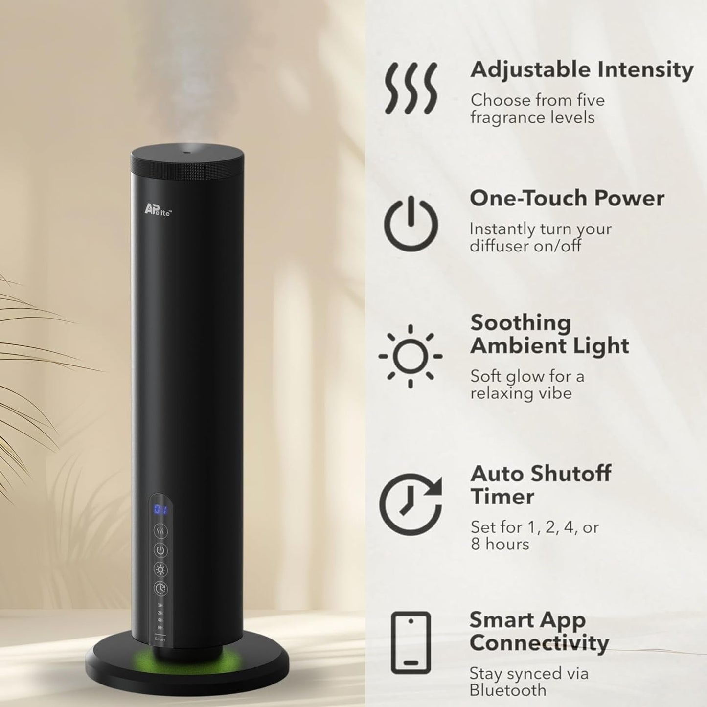Apelite Aroma Diffuser, Waterless Essential Oil Diffuser,120ml, Bluetooth Touch Control, Aluminium, Tabletop Essential Oil Diffuser, Twin Fluid Nebulization, 160h per Refill, for Home, Office