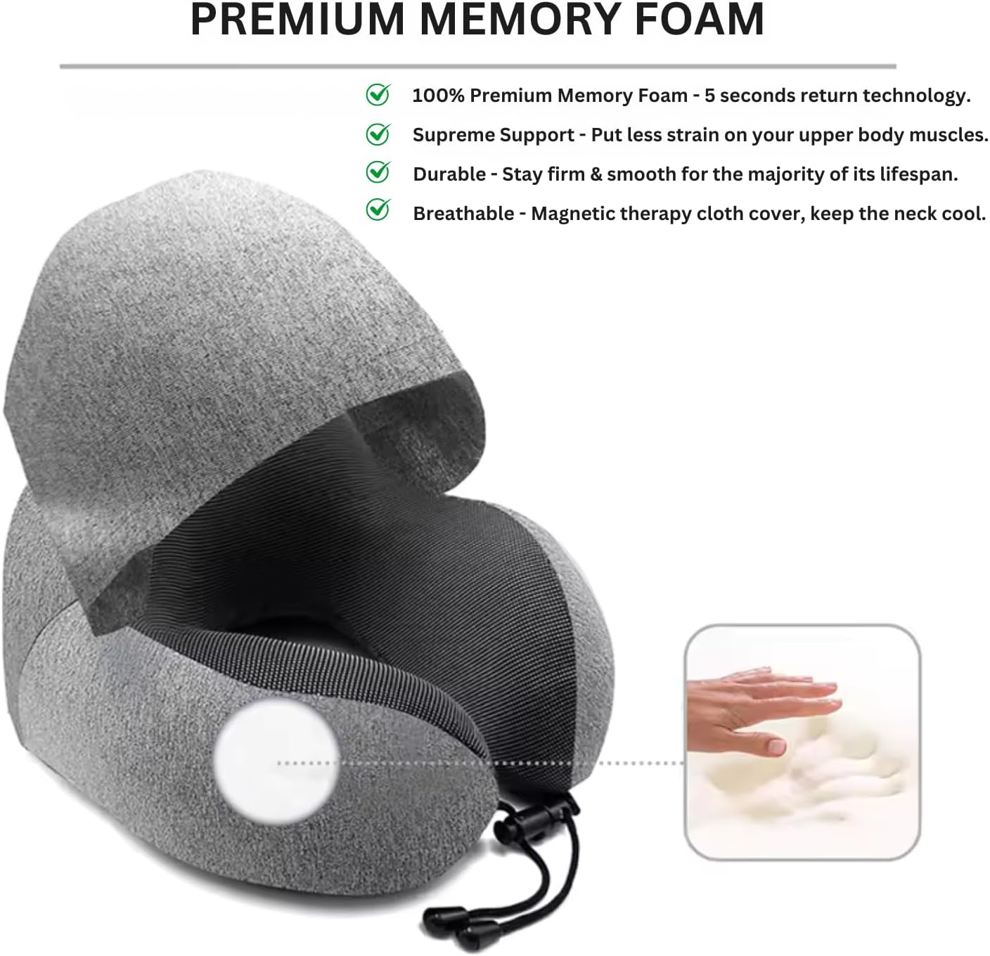 Premium Memory Foam Travel Neck Pillow with Adjustable Strap, Ergonomic Design for Neck Protection Hooded U-Shape Breathable Pillow, Includes Bag, Earplugs & Eye Mask for Convenience and Comfort