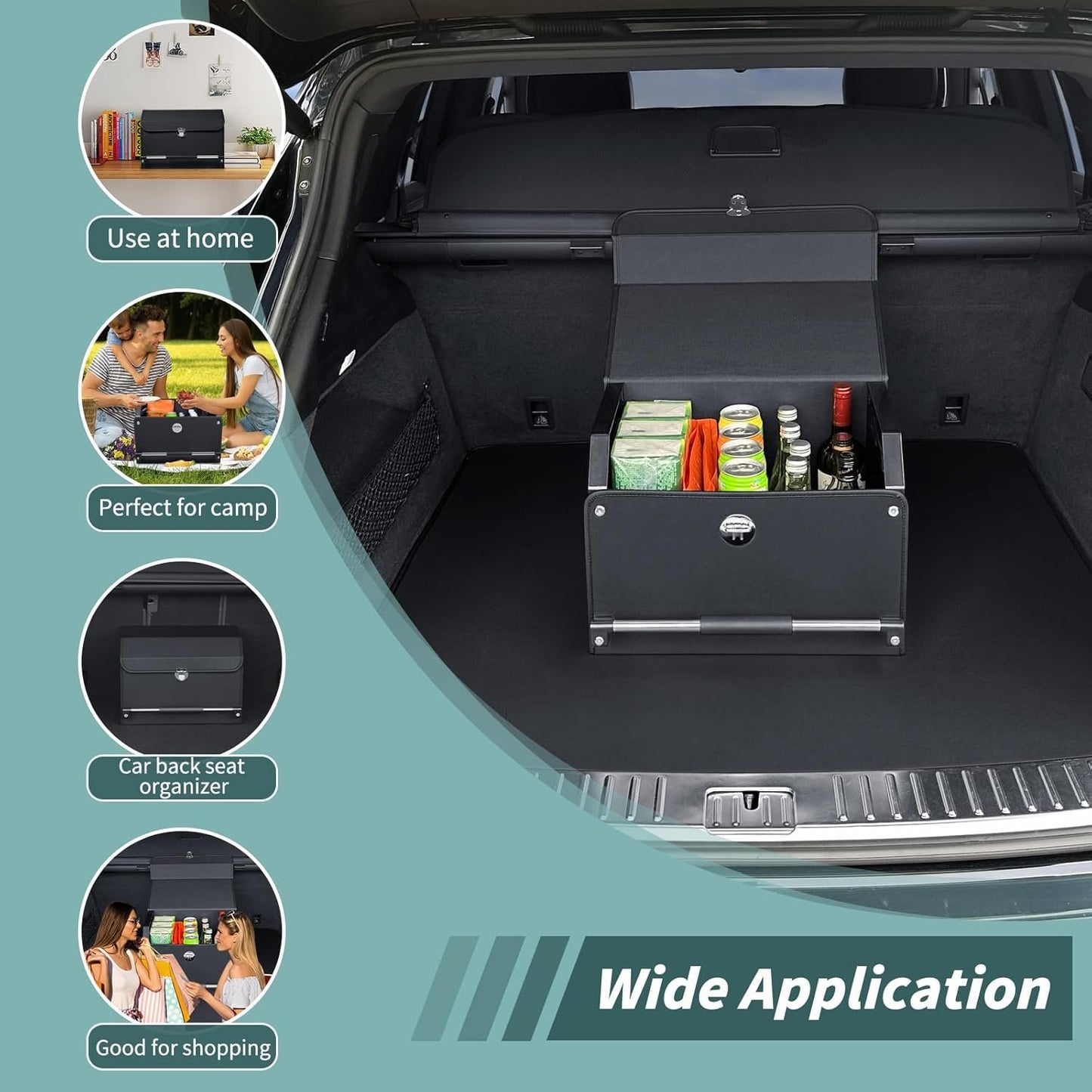 XCF Car Organizer Trunk, Durable Collapsible Leather Car Trunk Organizer with Lid and Sturdy Handle, Portable Car Storage Box for SUV, Sedan, Car Accessories for Men/Women (11.4 x 16.9 x 12.2, Black)