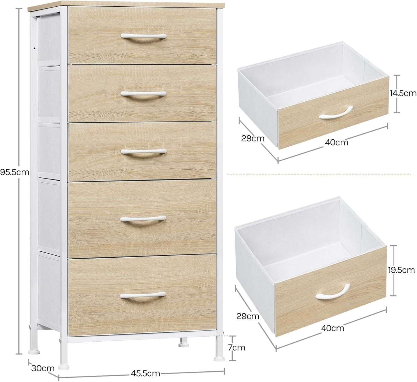 WOLTU Fabric Bedroom Chest of Drawers 5 Drawer Chest of Drawers for Hallway Bedroom Living Room Vintage Style Metal MDF Frame SSK004whe
