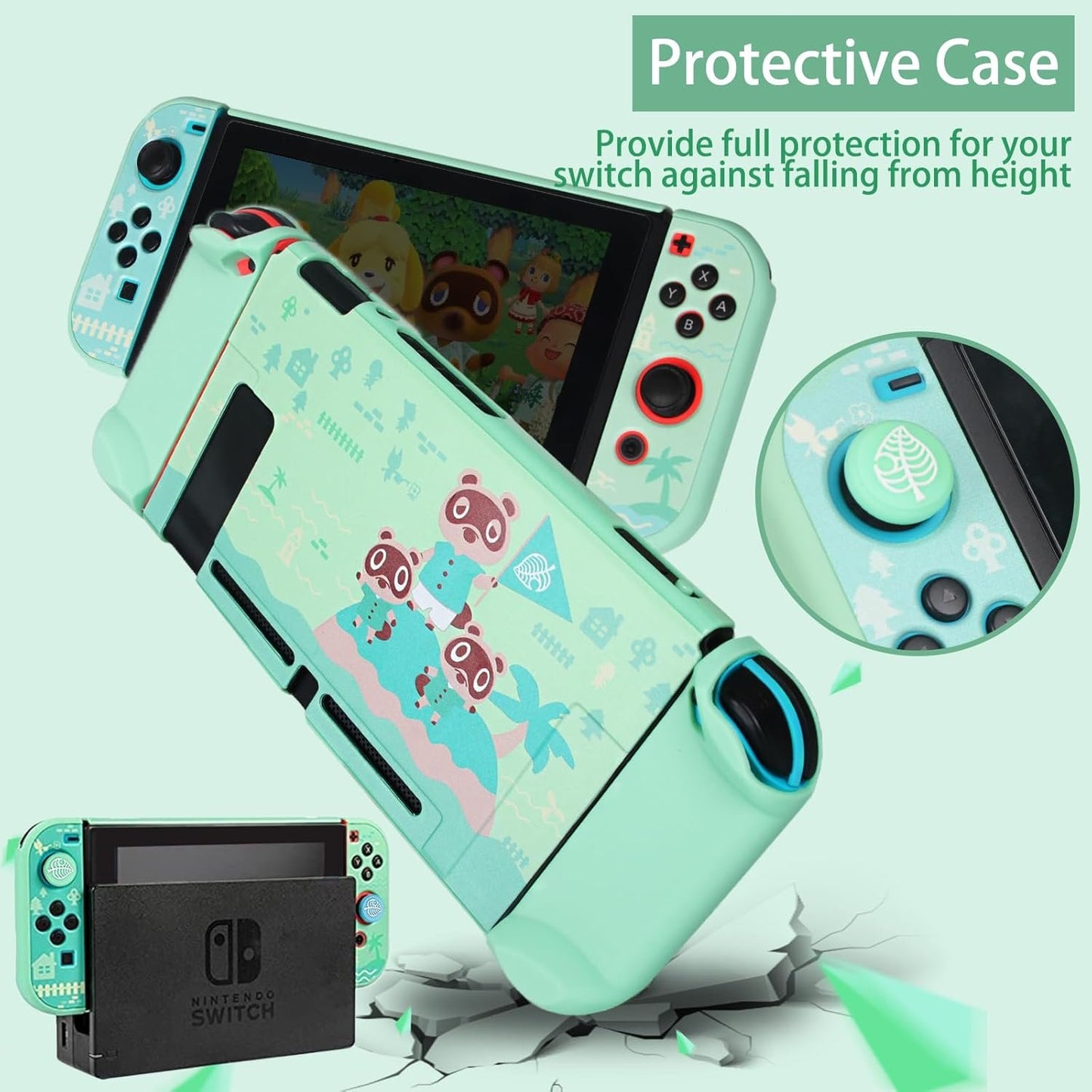 TIKOdirect Carrying Case for Nintendo Switch, Cute Portable Travel Bag Accessories with Protective Case, Screen Protectors, Stand, Game Card Case and Thumb Grip caps[Keychain Gift], Green AC