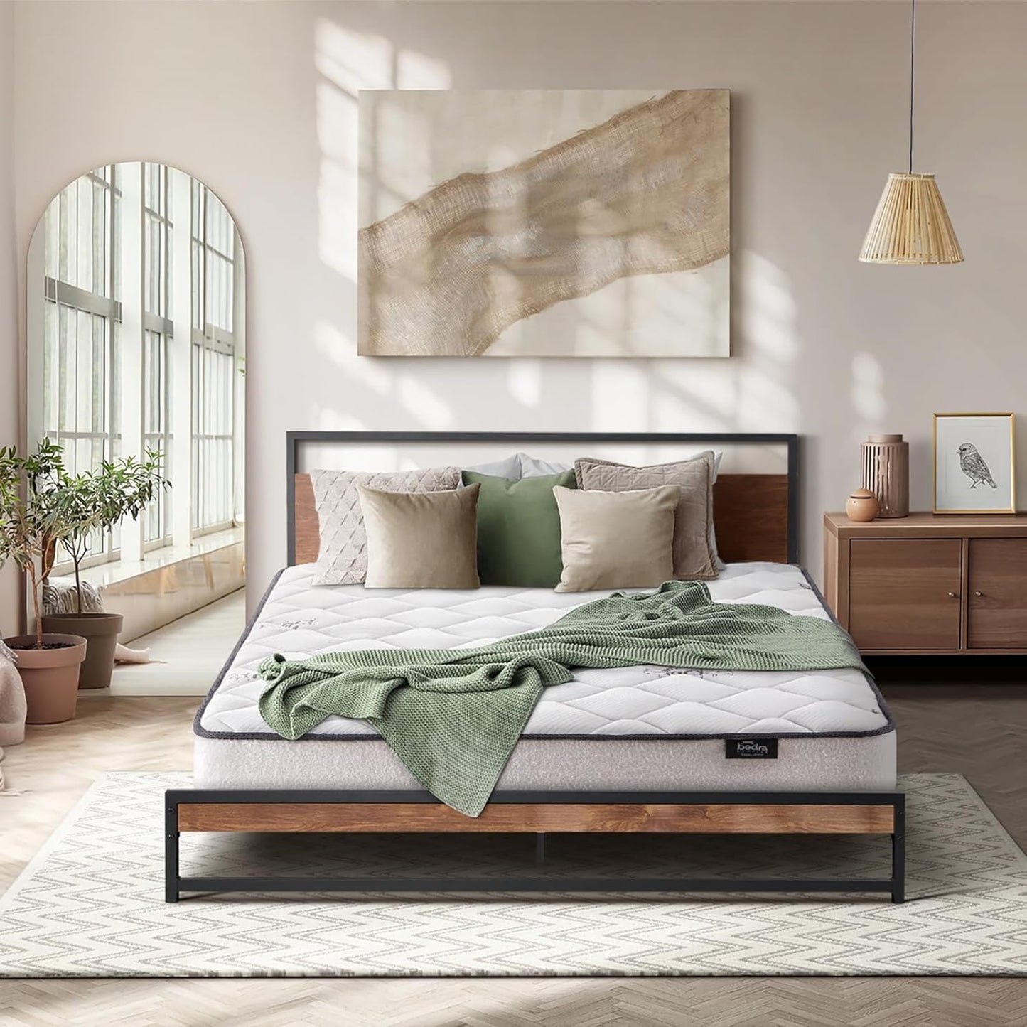 Oikiture Double Size Bed Frame with Mattress Set Metal Bed Base Double Bed Mattress