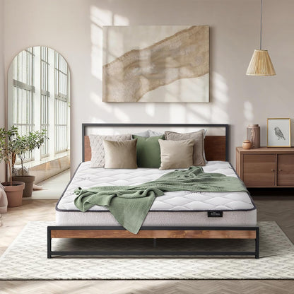 Oikiture Double Size Bed Frame with Mattress Set Metal Bed Base Double Bed Mattress