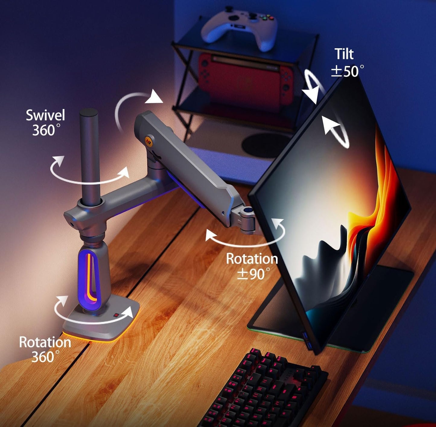 NB ERGONOMIC RGB Gaming Monitor-Arm for Flat/Ultrawide/Curved Monitors 32 to 60 inch, Heavy Duty Stand Load up to 20 kg, VESA 75/100 mm Monitor Mount G80