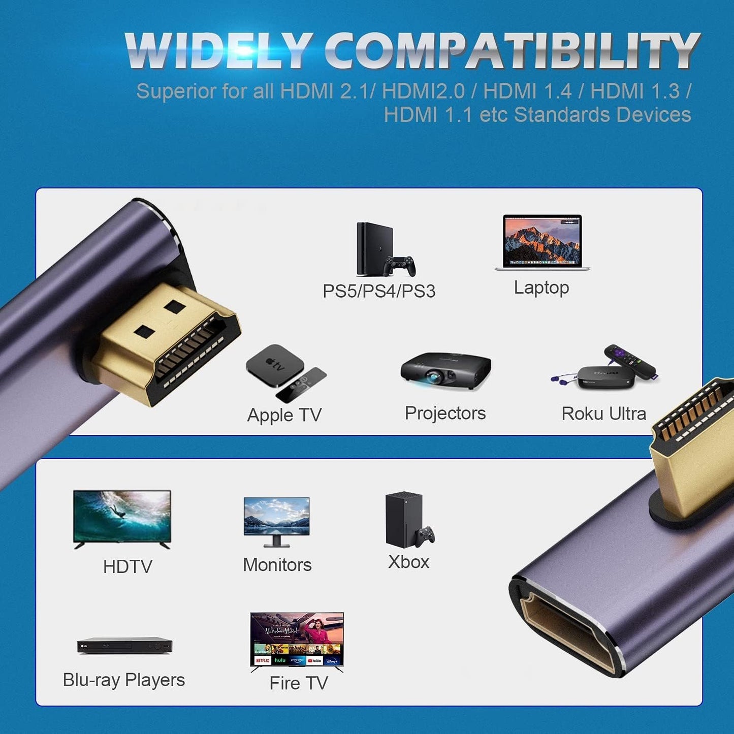 AreMe 8K HDMI 2.1 Right Angle Adapter (2 Pack), Left&Right 90 Degree and 270 Degree HDMI Male to HDMI Female Extender Connector Aluminum Alloy Purple