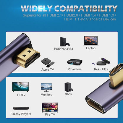 AreMe 8K HDMI 2.1 Right Angle Adapter (2 Pack), Left&Right 90 Degree and 270 Degree HDMI Male to HDMI Female Extender Connector Aluminum Alloy Purple