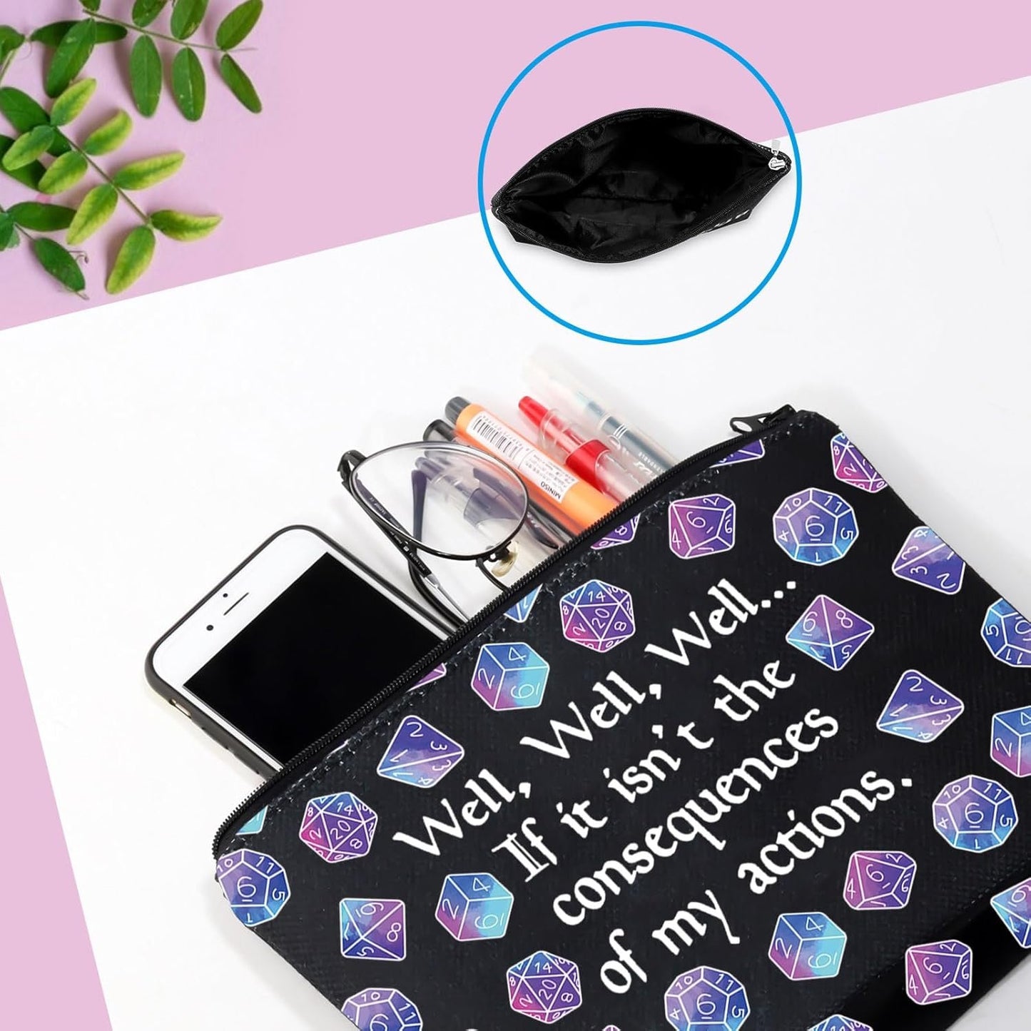 DND Gift Role Playing Games Gift D20 Dice Pouch D&D Accessory Pouch Bag DM Games Makeup Bag for RPG Gamer (My Actions Bag CA)