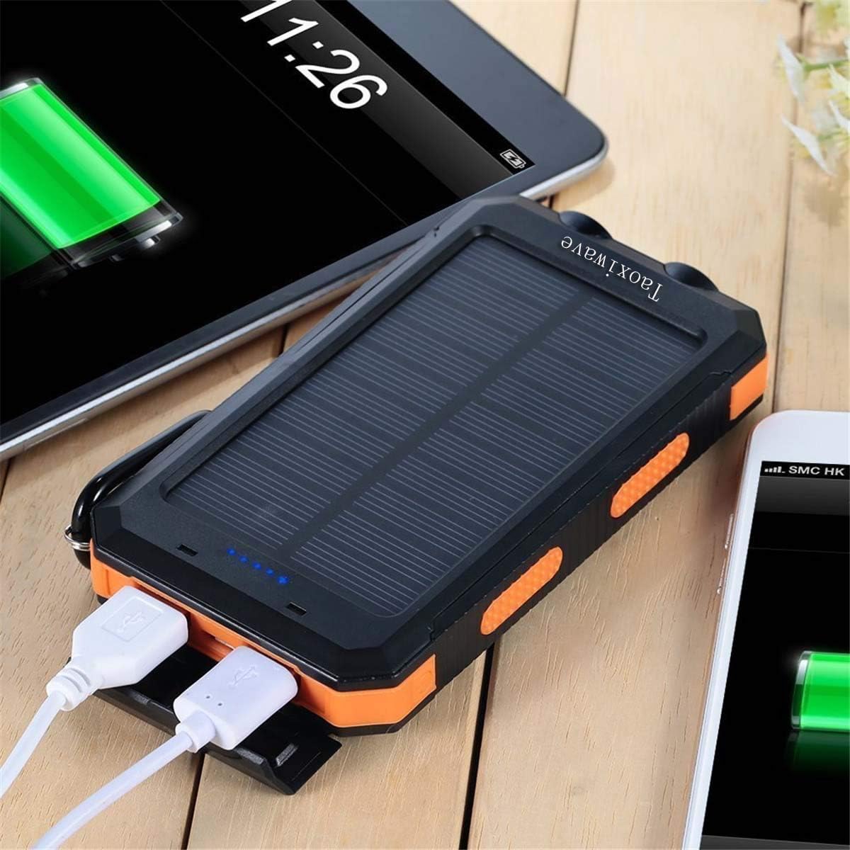 Solar Charger Solar Power Bank 20000mAh Waterproof Portable External Backup Outdoor Cell Phone Battery Charger with Dual LED Flashlights Solar Panel for iPhone Android Cellphones(Black & Orange)