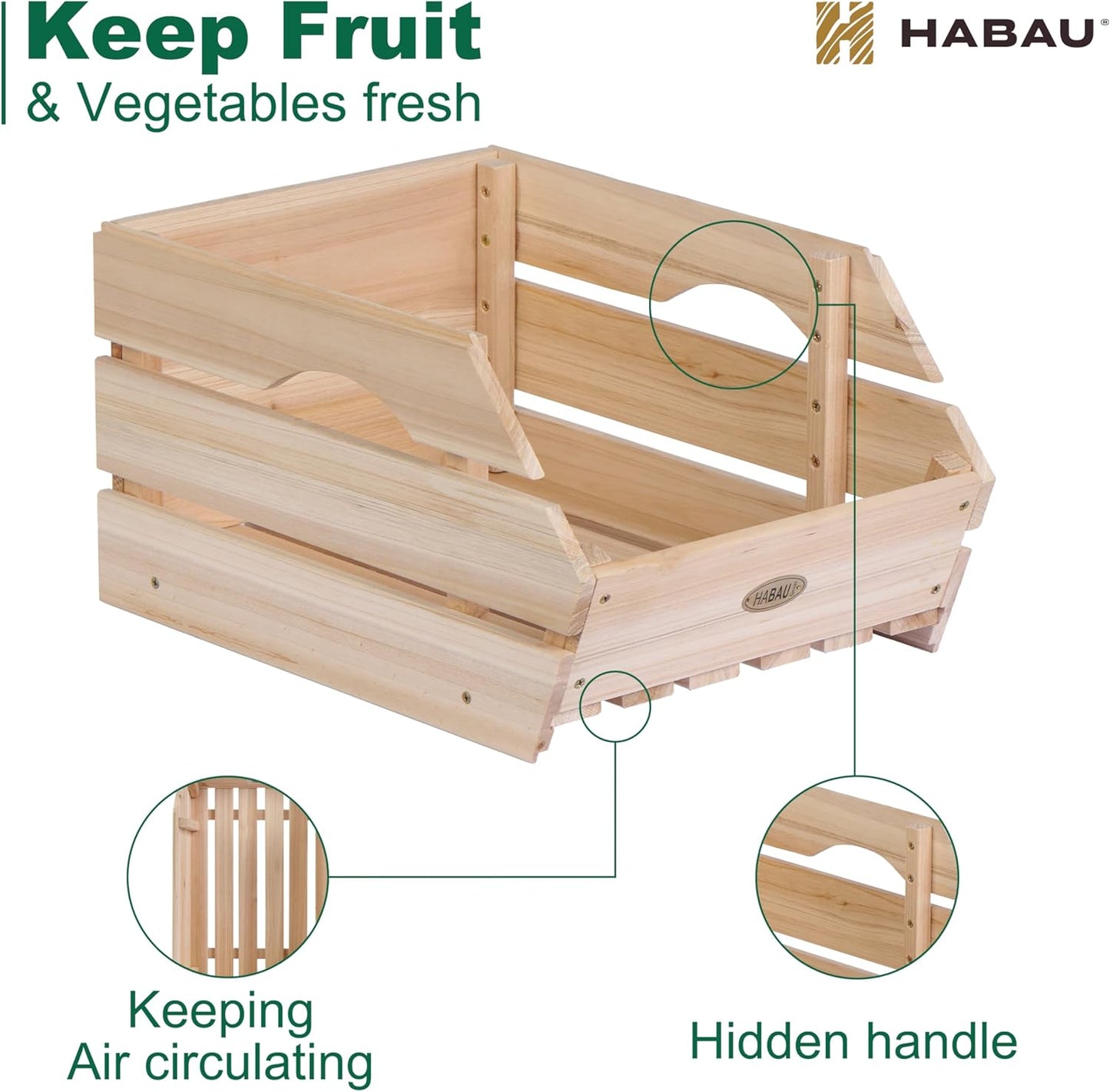 HABAU Wood Potato Onion Storage Bins - Wooden Stackable Produce Basket - Fruit Vegetable Storage for Kitchen Pantry Organization, Set 3 Pieces