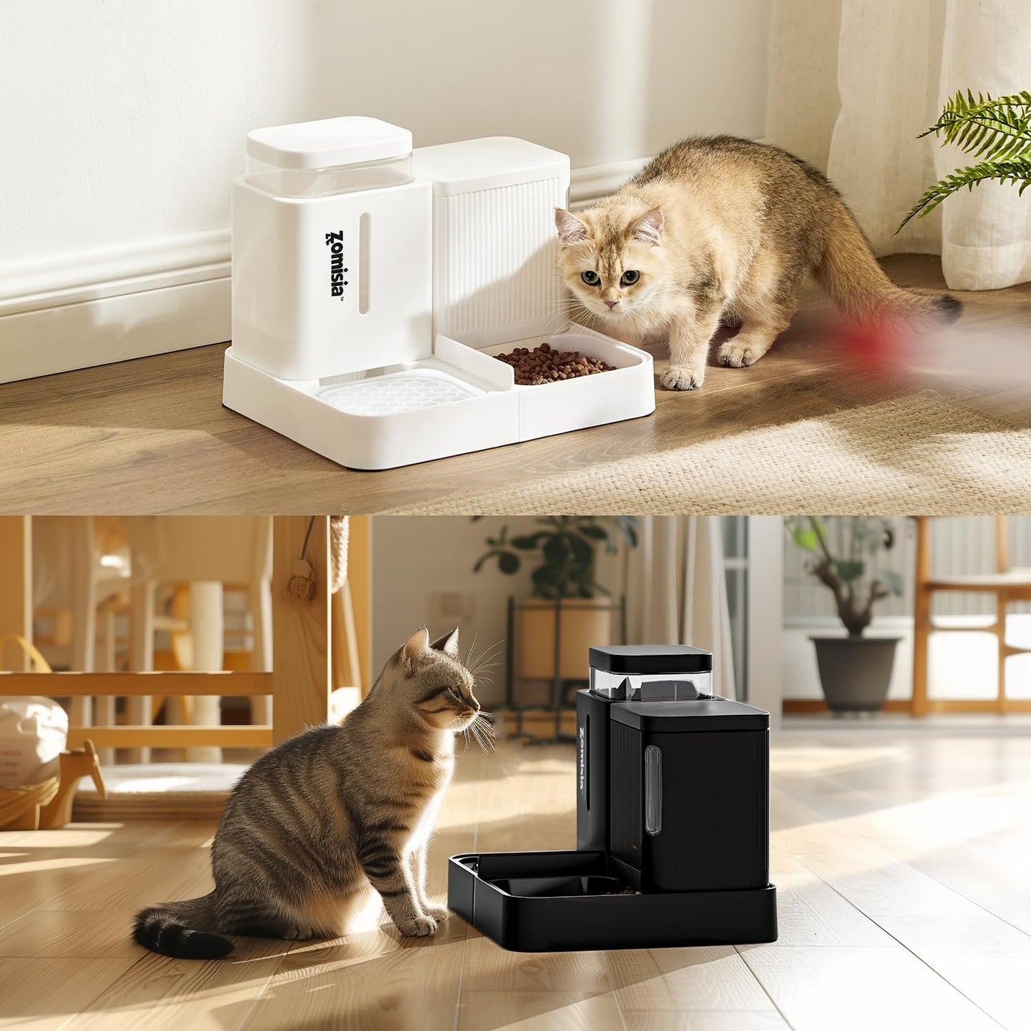 ZOMISIA Gravity Cat Feeder and Water Dispenser, 2 in 1 Automatic Cat Feeder with 180 Degree Rotatable, 2 Pack Large Capacity Self Feeding for Small Medium Dog Puppy Kitten, White, 0.8 Gallon x 2