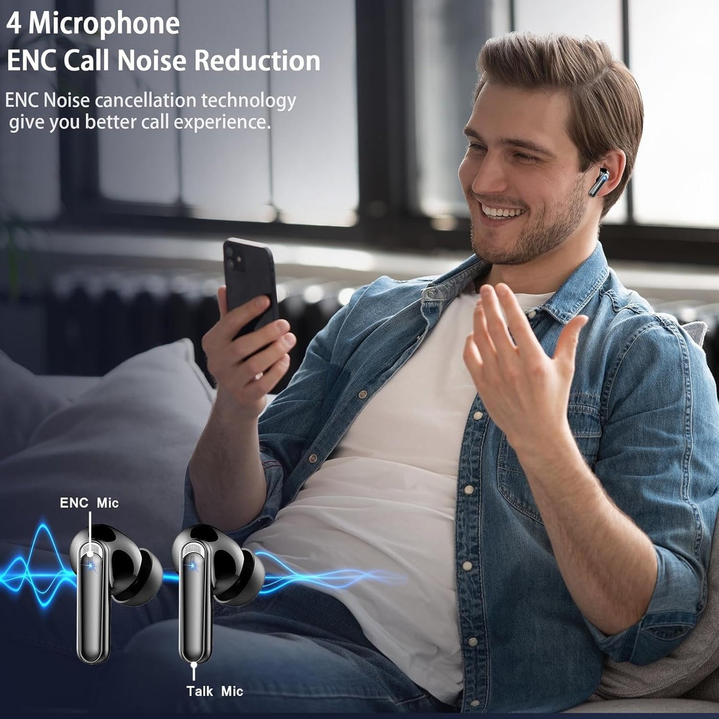 Wireless Earbuds, Bluetooth Ear Buds 5.3 Mini HiFi Stereo with 4 ENC Noise Cancelling Mics Wireless Headphones, in Ear Earphones 48H IP7 Waterproof, LED, USB C, Bluetooth Earbuds for Sports, Workout