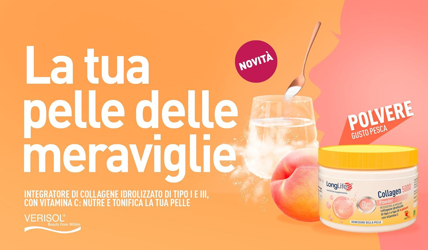 LongLife® Collagen 5000 Powder | Type I and III Hydrolyzed Collagne Powder | Skin Wellness | 25 Doses | Peach and Gluten Free Flavour